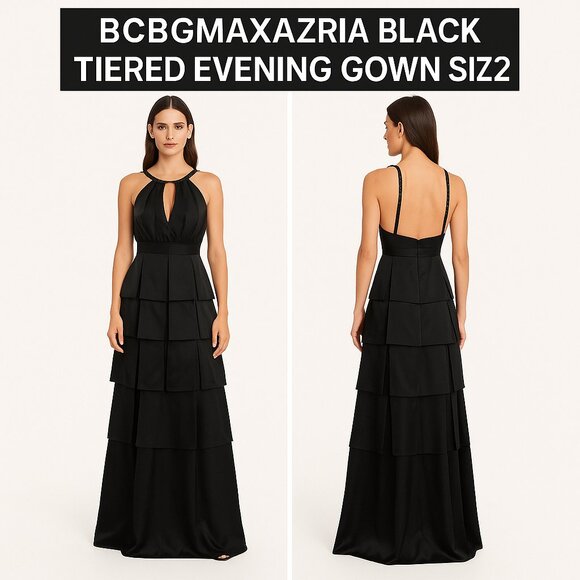 BCBGMaxAzria Black Ruched Tiered Gown - Picture 1 of 10